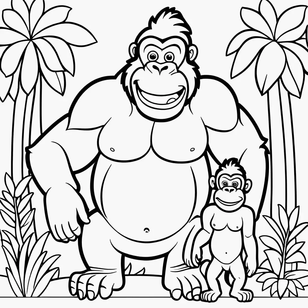 Create a coloring book page for 1 to 4 year olds. A simple cartoon cute smiling friendly faced gorilla and its friendly faced parents with bold outlines. The image should have no shading or block colors and very little background, make sure the animal fits in the picture fully and just clear lines for coloring.