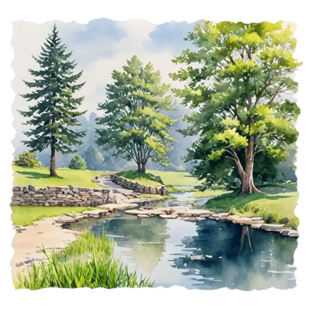 scenery, water color, big tree, next to pond, big stone fence beside tree