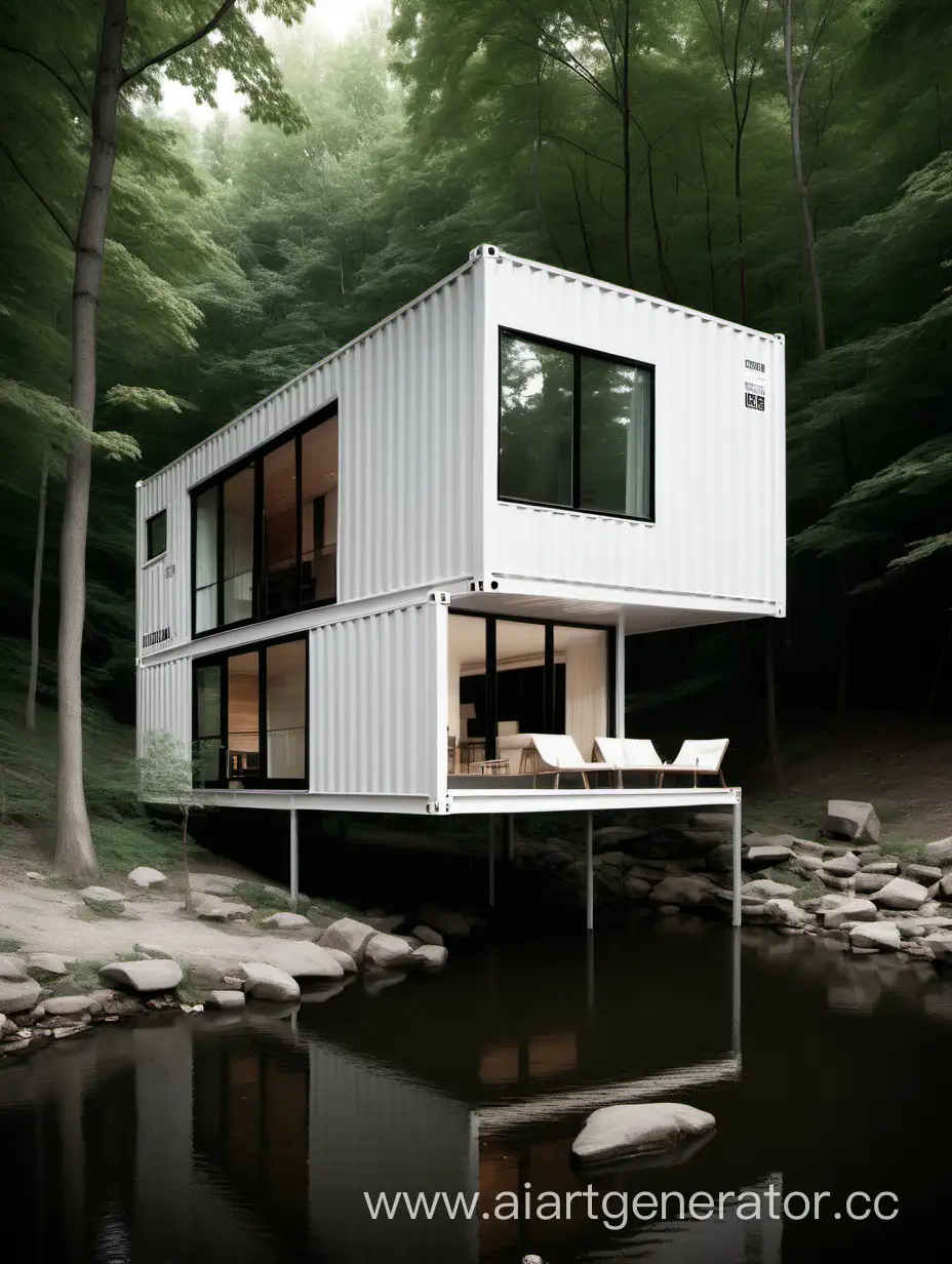简洁干净的双层白色集装箱创意住宅坐落在树林中的小河流的边上