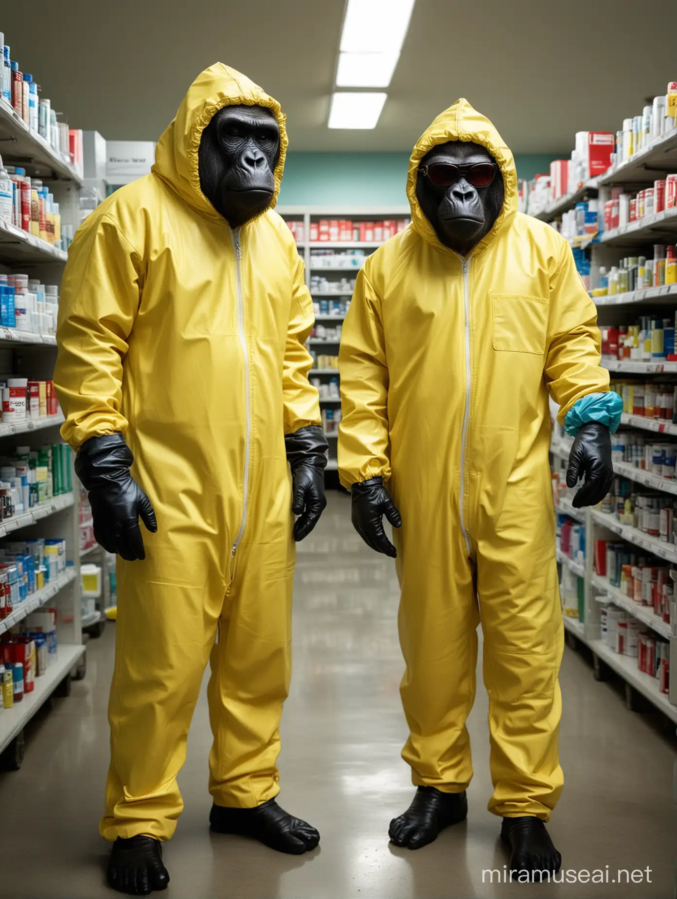 Defiant Gorillas in Breaking Bad Costumes Stand in Pharmacy Amid Medicines