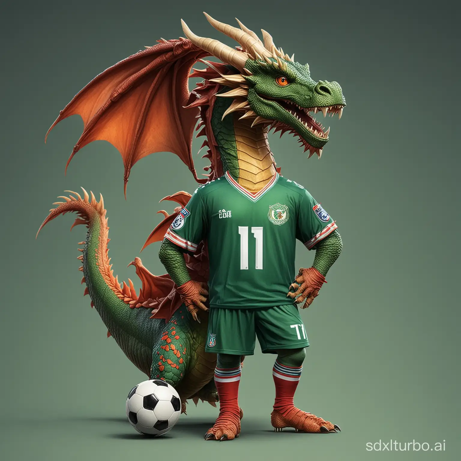 Tú como diseñador gráfico crea una imagen de un dragón grande completo con una camiseta de fútbol 11 .