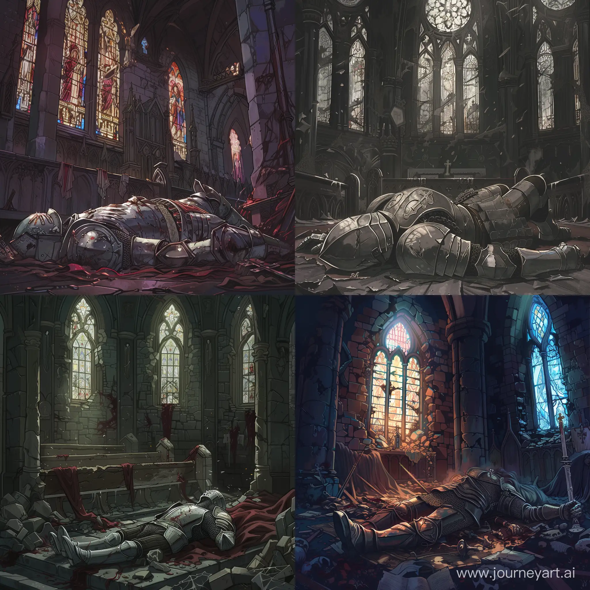 a knight laying down 
, taking its last breath in A once-holy sanctuary now overrun by darkness and despair. Its stained-glass windows are shattered, its pews overturned, and its walls adorned with blasphemous symbols, manga art style, detailed