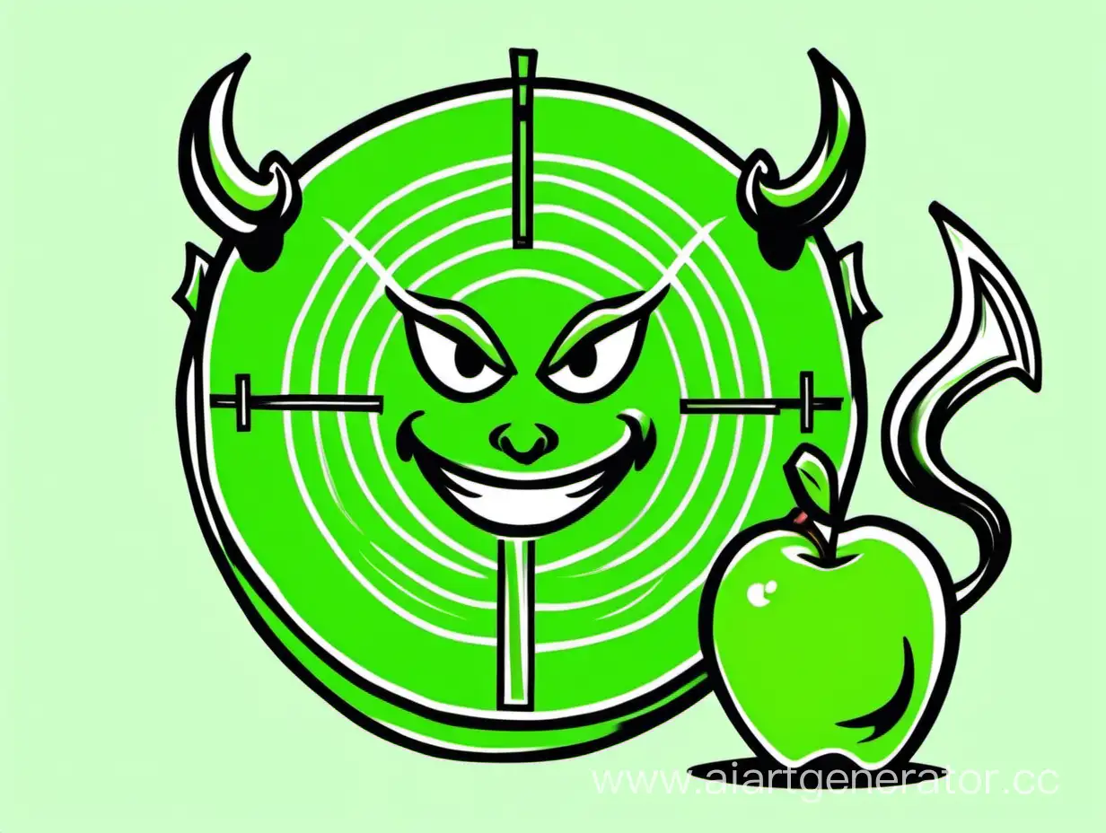Нарисованный черт, знак цели, зеленое яблоко 