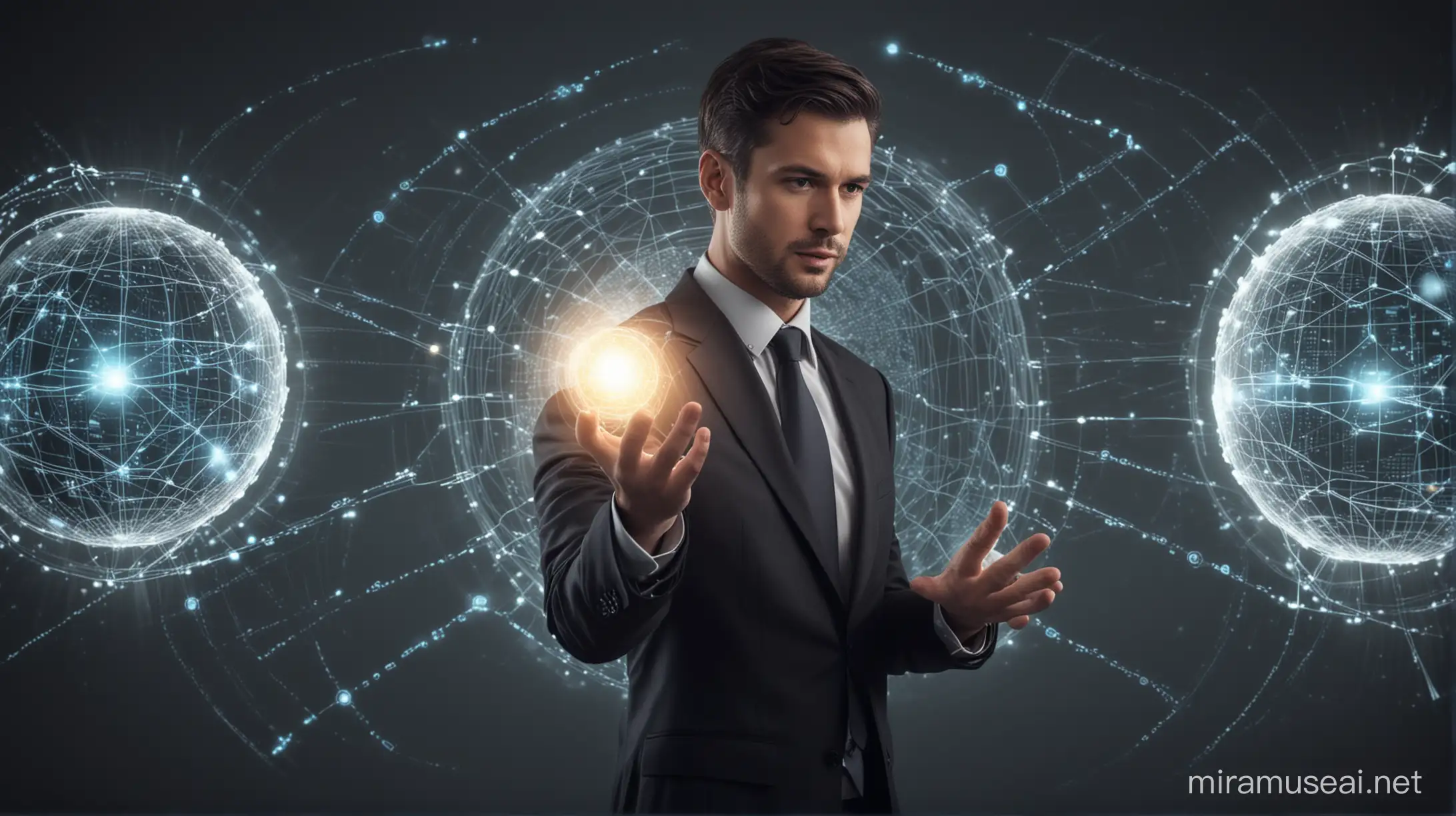 A businessman interacts with a glowing orb or network, representing the AI, with a user interface adapting and forming around them.