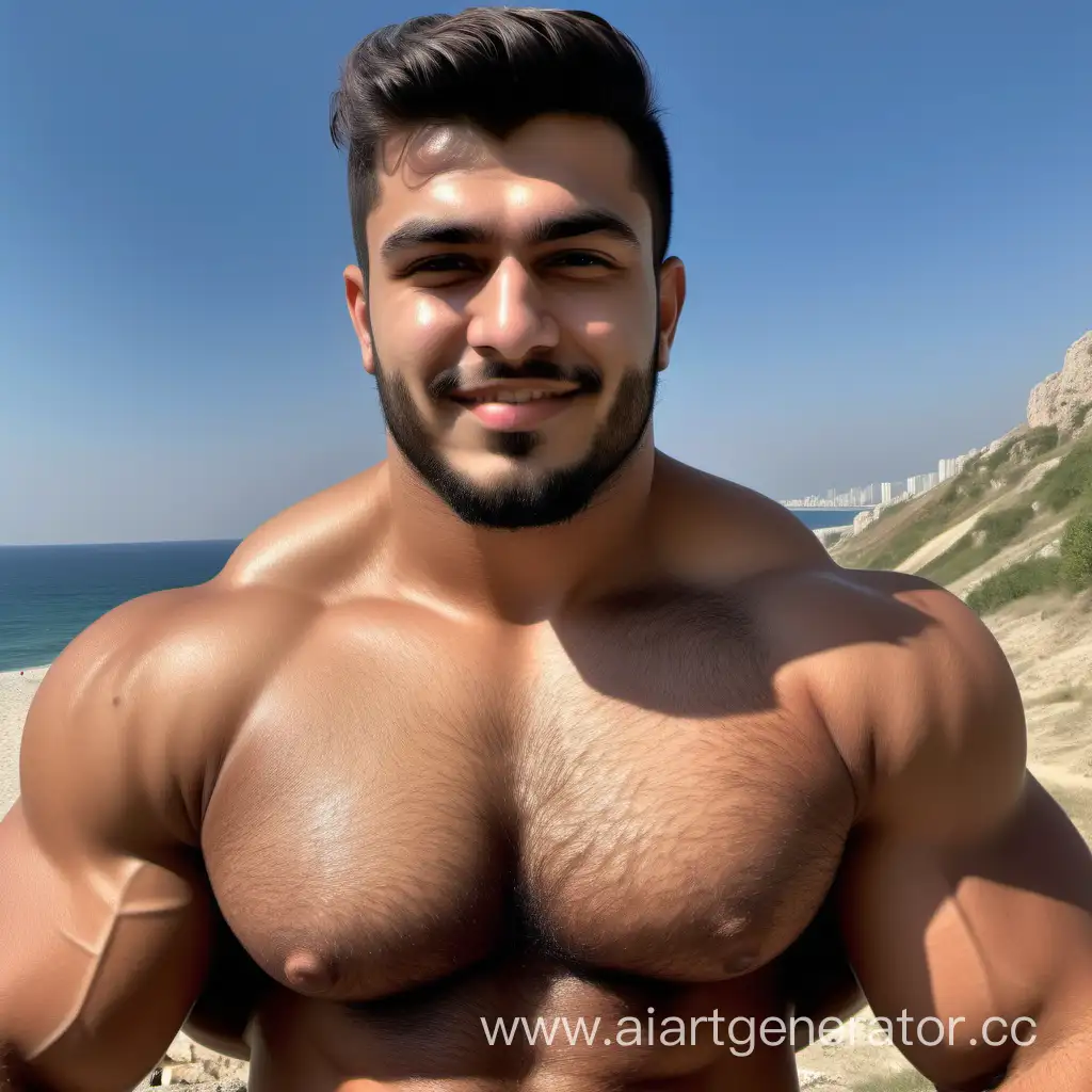 Huge chunky hairy stubble Happy 20-year-old rich handsome hunk big muscles Turkish, face detailed features, 4k photography, wide-angle landscape picture