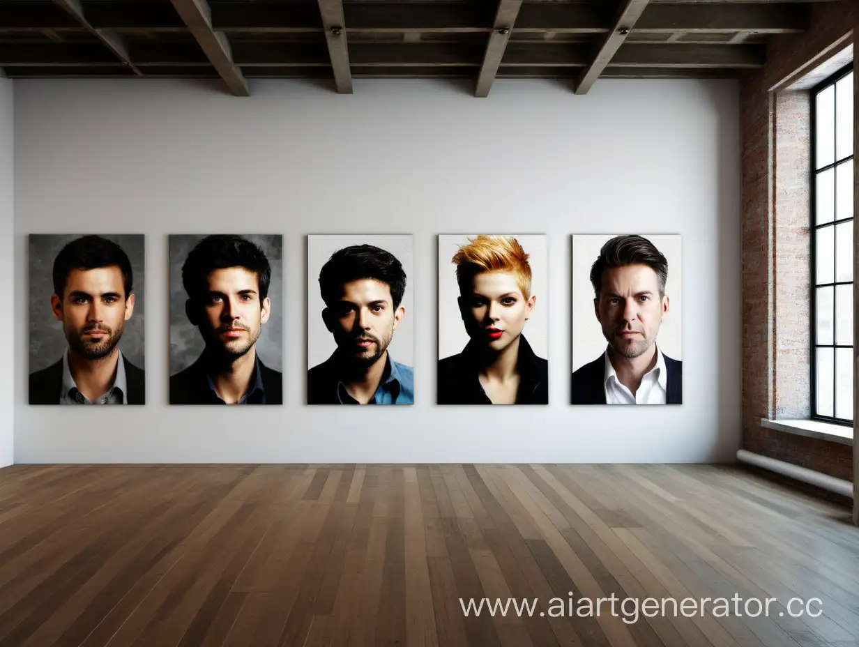 There are six portraits on canvas on the floor of the loft-style room. Close