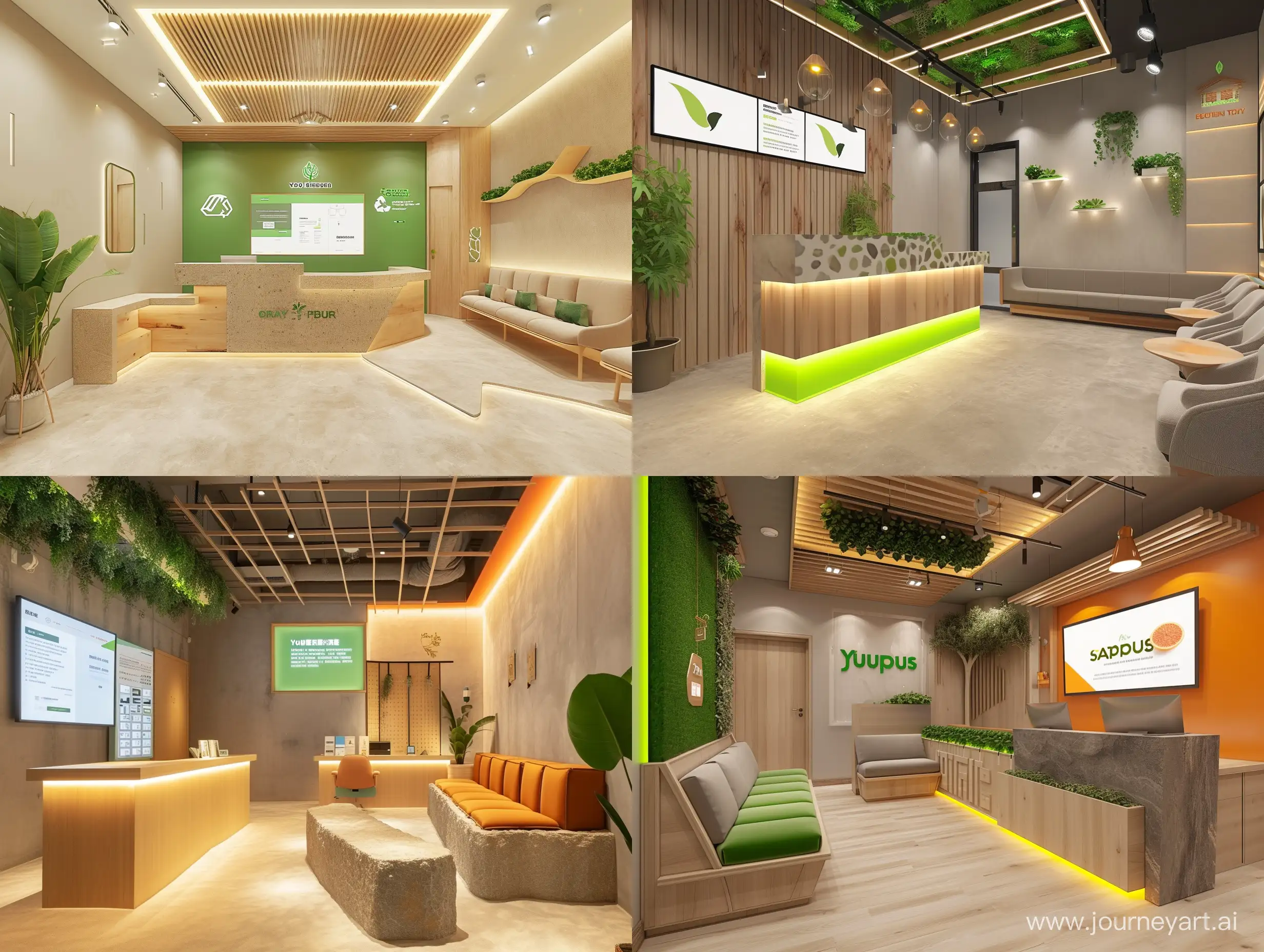 imagine an image of Entrance Area (4.5 sqm) of kids chair showroom : You are greeted by an elegantly understated reception area. Neutral tones are accented by lively greens, complementing a desk crafted from recycled wood and stone. Overhead, warm LED lights cast a welcoming glow, focusing on digital signage that narrates the brand's commitment to sustainability. The seating area features plush, eco-friendly upholstery, inviting visitors to immerse themselves in the brand's story.realistic interior style