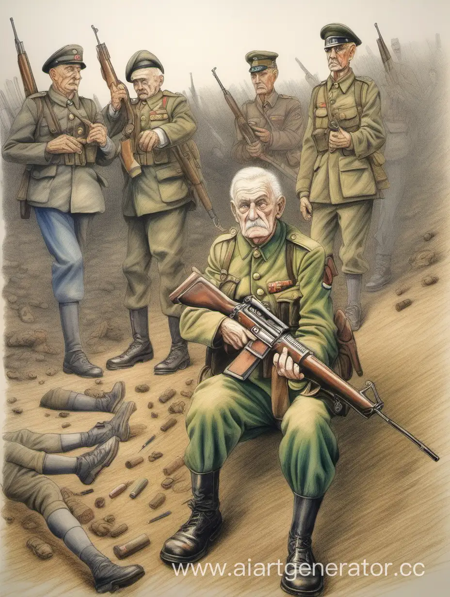 детский рисунок, нарисованный цветными карандашами, пожилой военный с автоматом в руках, по зади него солдаты, под ногами валяются трупы