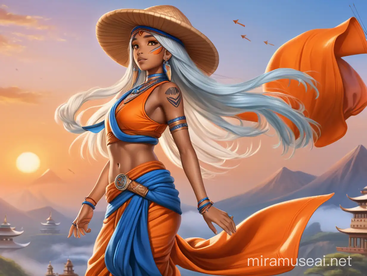 A female Air nomad, flying in the sky; she has white long hair, tanned brown skin, blue eyes, blue arrow tattoos and her outfit is a mixture of orange air nation clothing and an blue sari, she also wears a big Asian conical hat; the time is afternoon with a sunset;