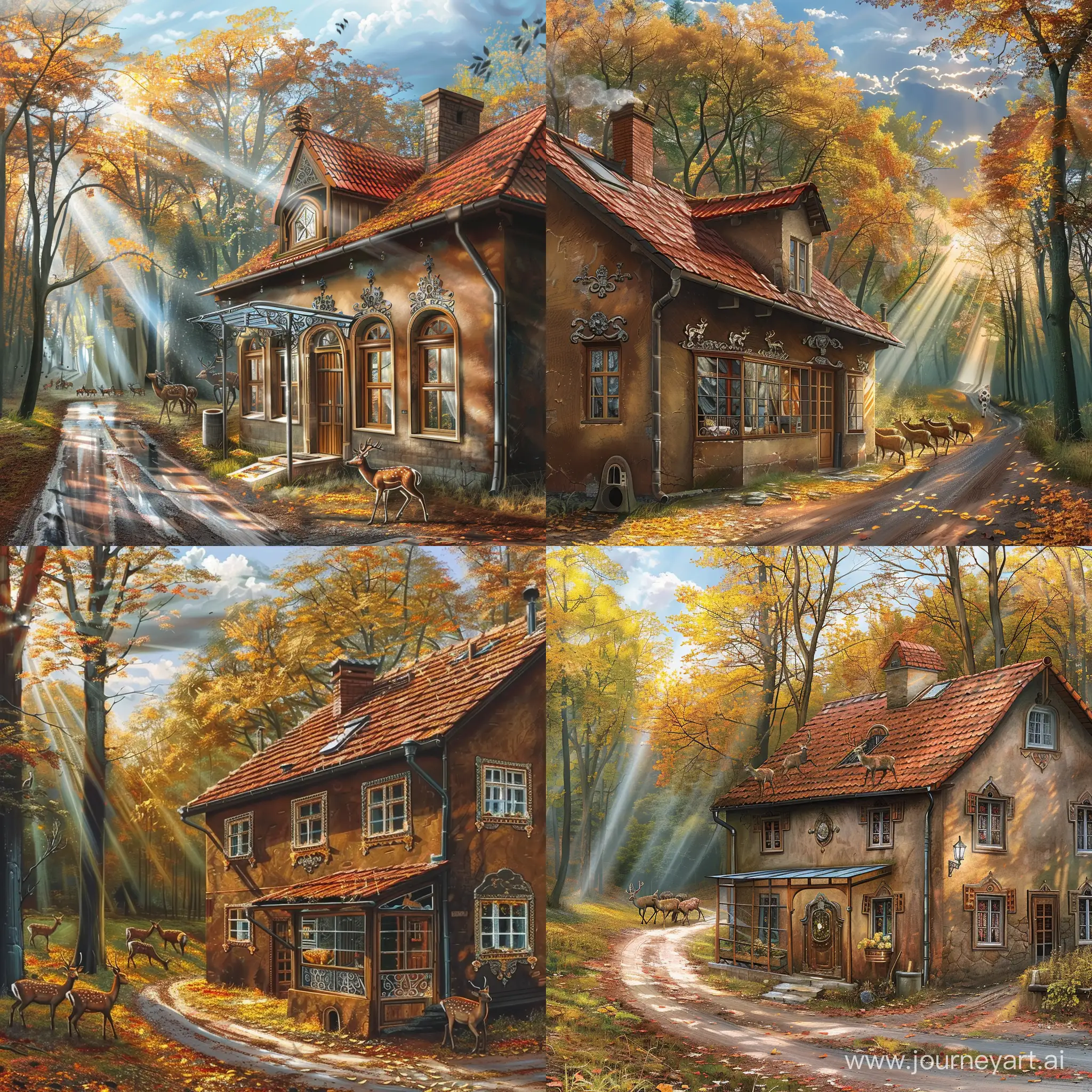 Autumn-Forest-Retreat-Tranquil-Rural-House-with-Ornate-Decor-and-Deer-Herd