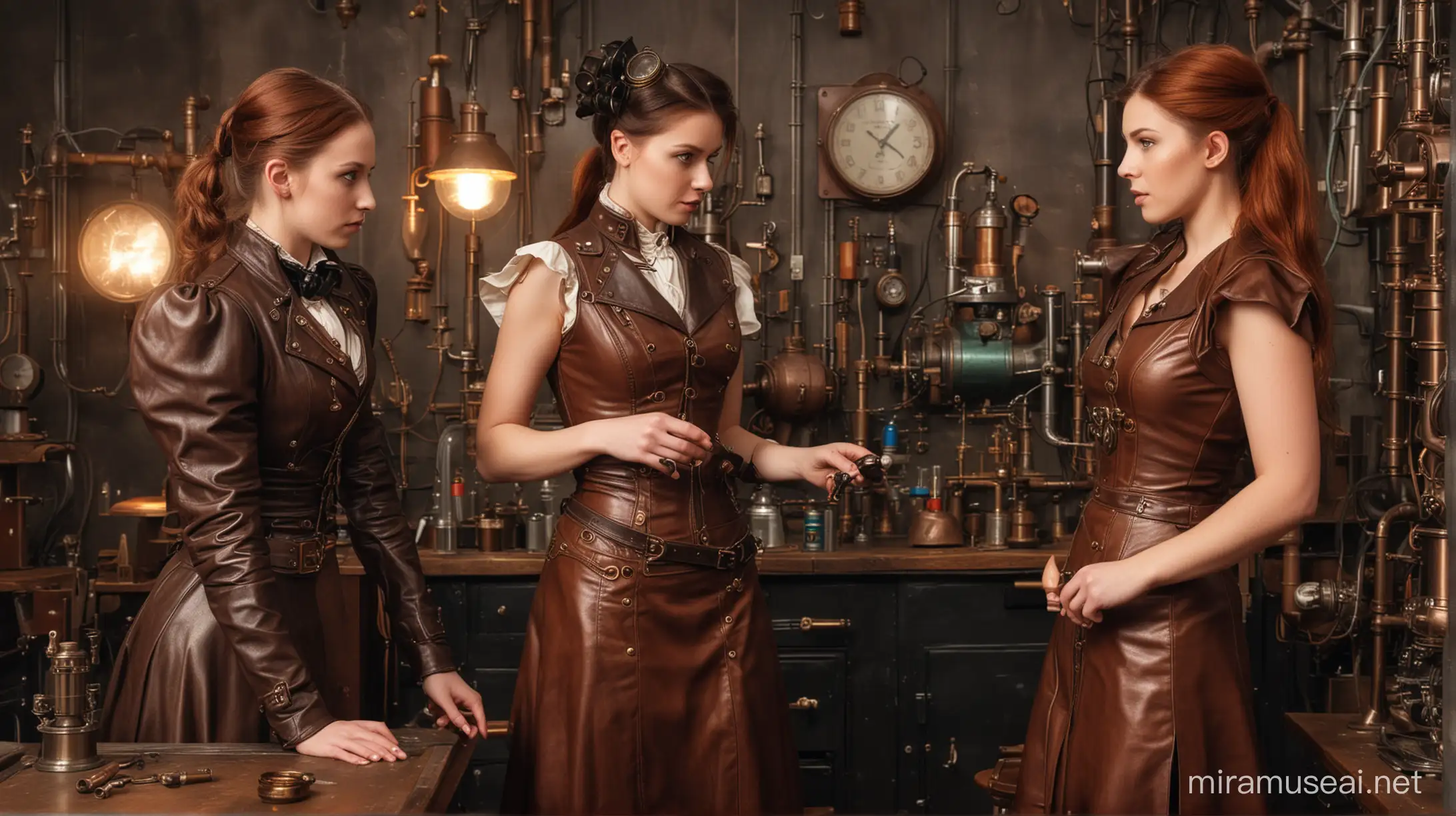 Young Scientist Demonstrates Steampunk Time Machine to Elegant Ladies in Leather Dresses