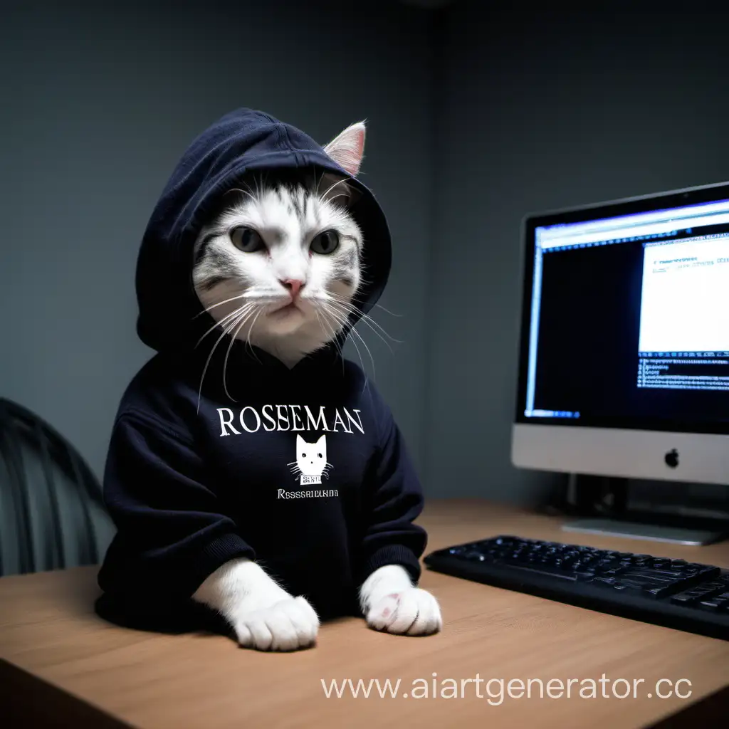 Adorable-Kitty-in-Stylish-Hoodie-Working-Behind-a-Computer-with-Roseman-Sweater