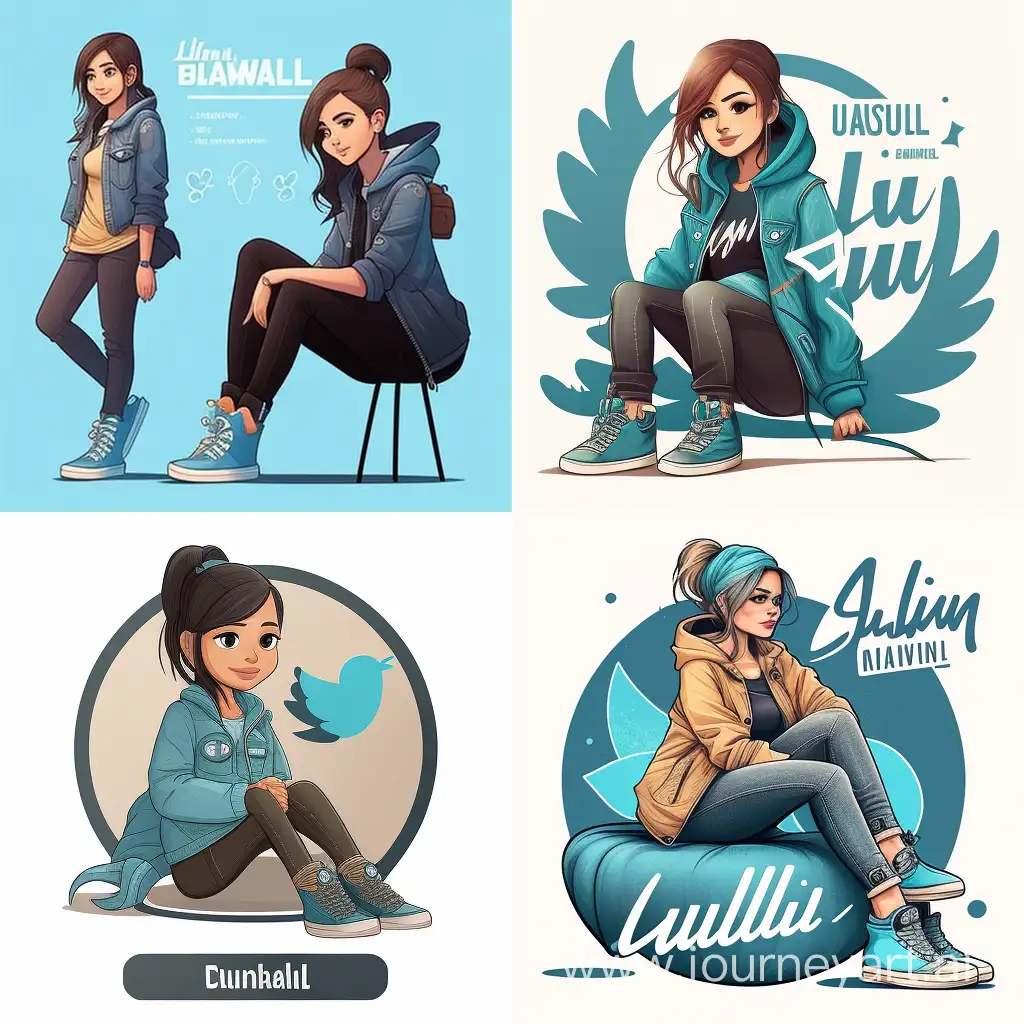 create a 3D illustration of an girl animated character sitting casually on top of a social media logo "Twitter". The character must wear casual modern clothing such as jeans jacket and sneakers shoes. The background of the image is a social media profile page with a user name "Jasmine" and a profile picture that match.