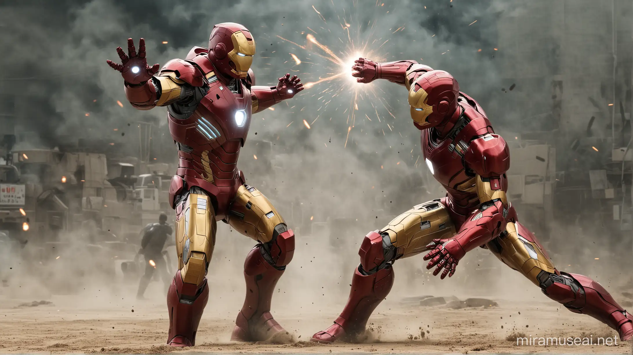 Epic Battle Scene Iron Man Engages in Intense Combat