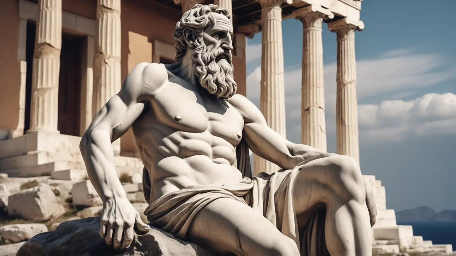 Generate an image featuring an elderly Greek man with muscular features and a long beard, resembling a statue. The statue should appear damaged, and the man is sitting on a rock amidst a classical setting, conveying a sense of resilience and the passage of time.