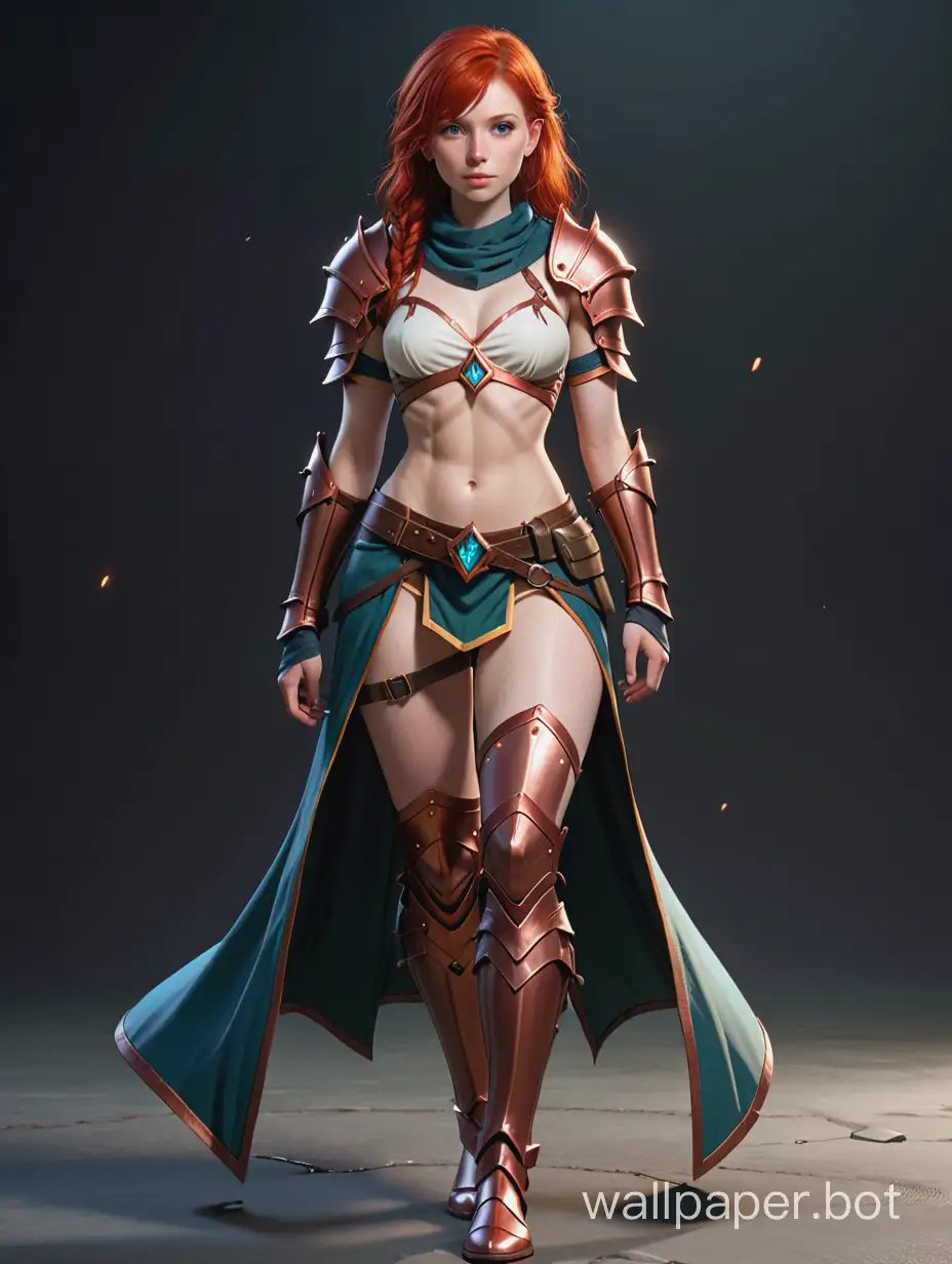 young redhead female battlemage with broken armor, almost naked. full body