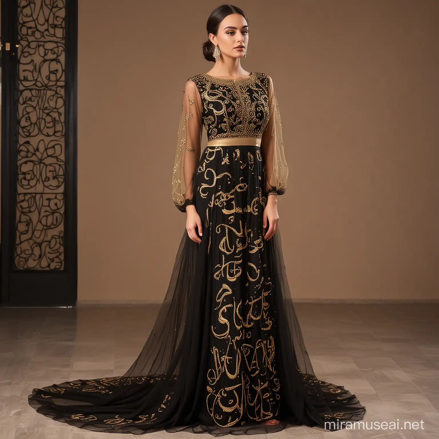 A long evening dress that fits the human body, now made of human fabric in the shade of tulle and black chiffon There is embroidery of Arabic letters with golden serma threads  , modest , full body dress