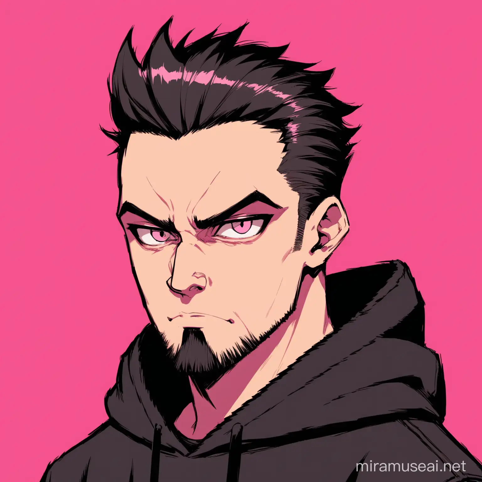cool,hacker,black hoodie,quiff hairs,aesthetic,m shaped hairline,oblong face shape,small mouth,big nose,handosme ,psycho,pink background,patchy  short beared


