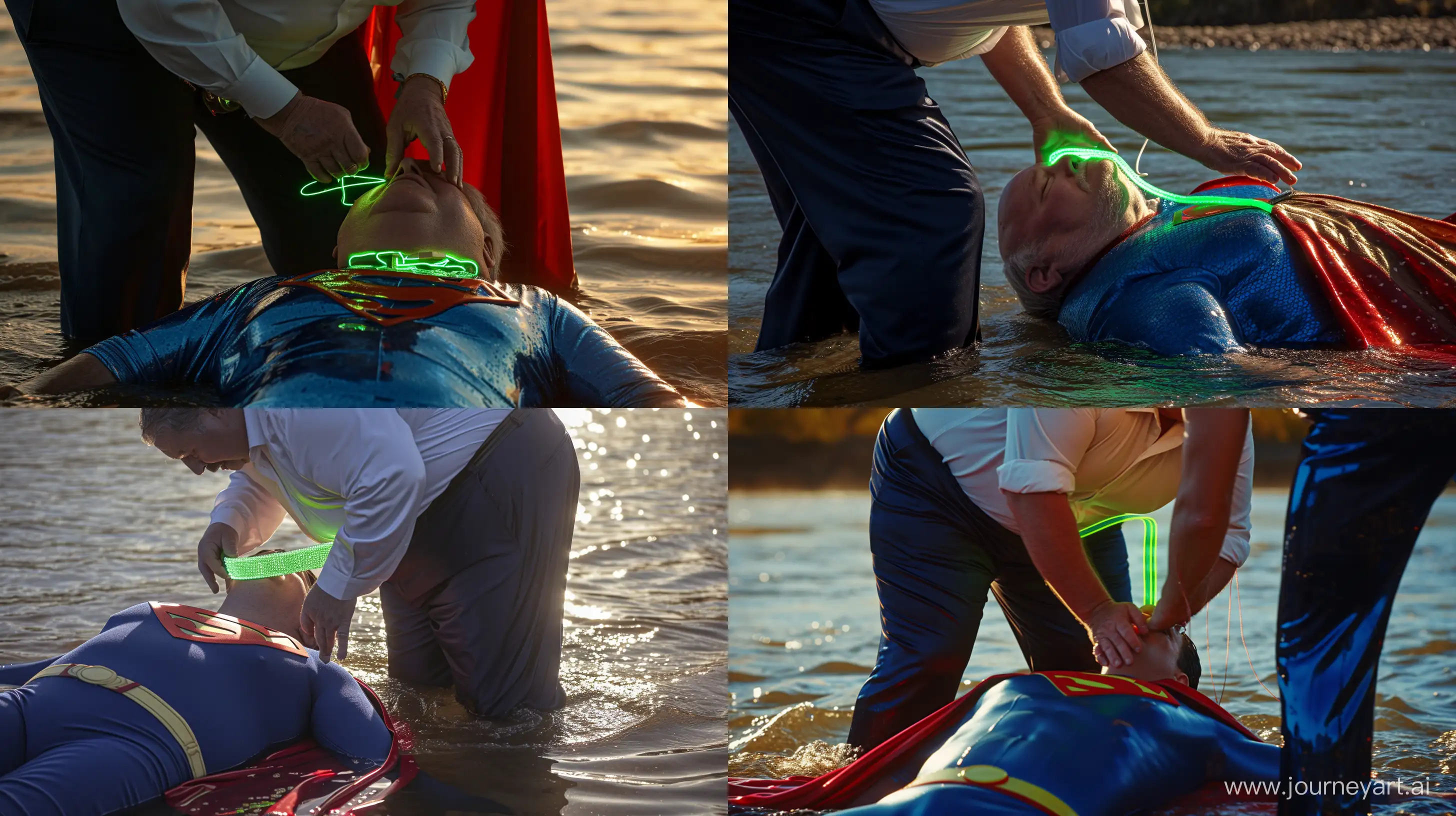 Close-up photo of a fat man aged 60 wearing silk navy business pants and a white shirt. Bending and putting a tight green glowing neon dog collar on the nape of a fat man aged 60 wearing a tight blue 1978 superman costume with a red cape lying in the water. Daylight. River. --style raw --ar 16:9