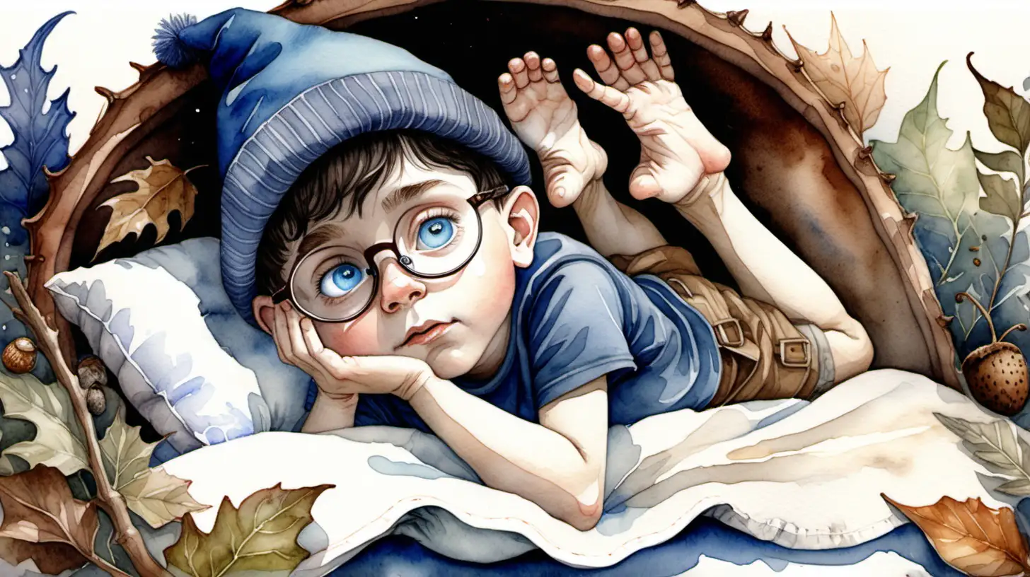 A watercolor painting of a young dark haired boy pixie with blue eyes wearing glasses and a brown acorn hat who is rubbing his eyes in a fairy bed






