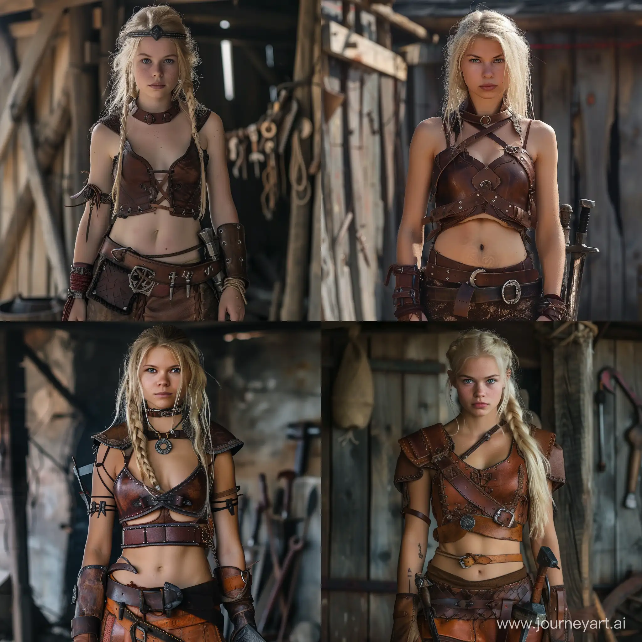 Young looking Blond girl, thin, small breasts, Leather armor, smithing tools on hip, 1.50 meters tall, cut in half