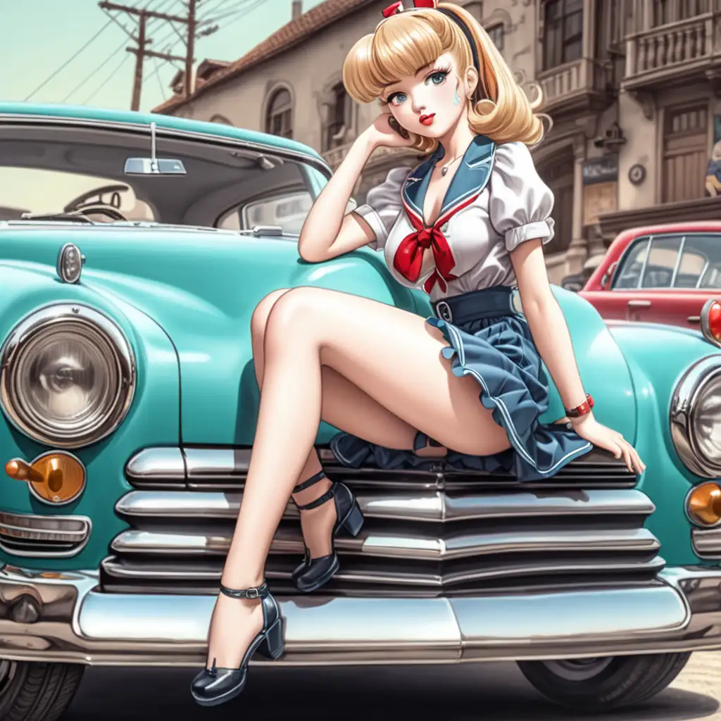 anime girl looking like a pinup sitting on old time cars