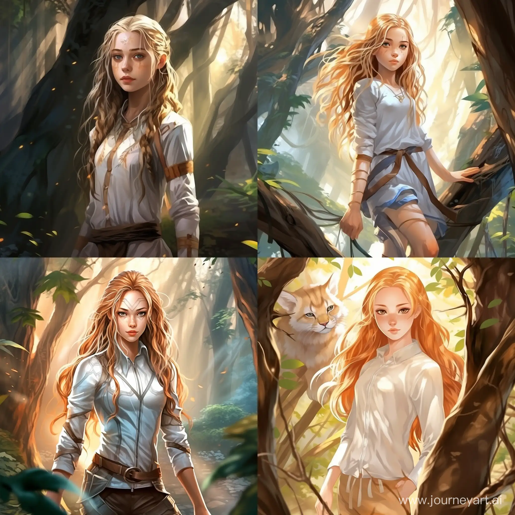 Beautiful girl, golden hair, gray-blue eyes, snow-white skin, teenager, 14 years old, avatar style legend of aang, journey in the forest, in full growth, high quality, high detail, cartoon art