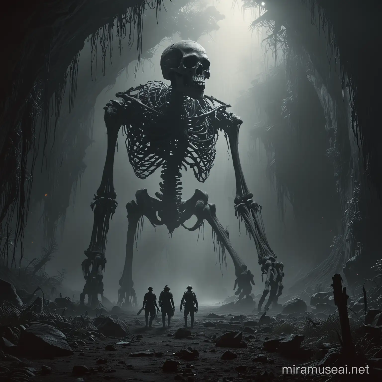 Explorers Discovering Enormous Giant Skeleton in Mysterious Cinematic Scene