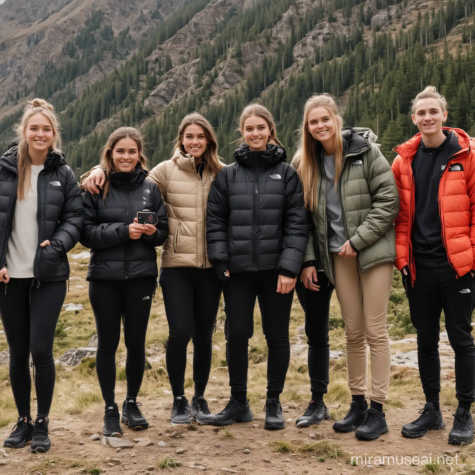 Group of 21 year old people, five men and five women, all wearing The North Face jackets and Apple Watches.  