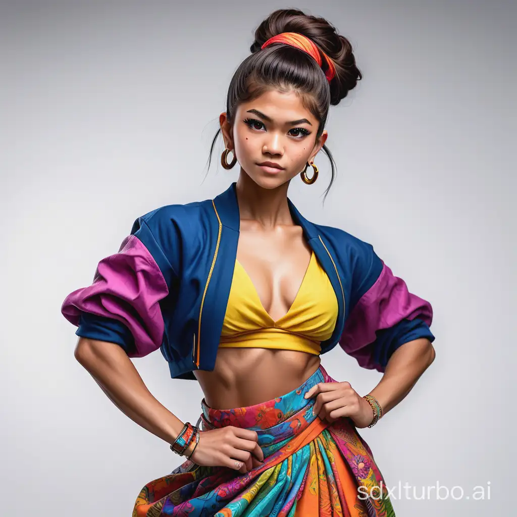 A photorealistic full-body portrait of a fabulous, petite, teen girl with a playful, goofy, youthful expression for Instagram. She is Japanese-Colombian with a flat, athletic, well-muscled physique like Zendaya. Her artistic eyeliner is tasteful and natural makeup complements her features, with an extreme updo that emphasizes its asymmetry. Her tomboyish looks are accentuated by a flat upper body and build, which contrasts with her powerful, muscular arms and shoulders. Her colorful, high fashion clothing is a mix of Indian-Colombian-Yakuza Saree fusion styles, featuring a long skirt, puff sleeves, and a strong-shouldered jacket with lots of accessories. She has a winsome, goofy attitude in a dynamic, cute masculine pose against a blank background