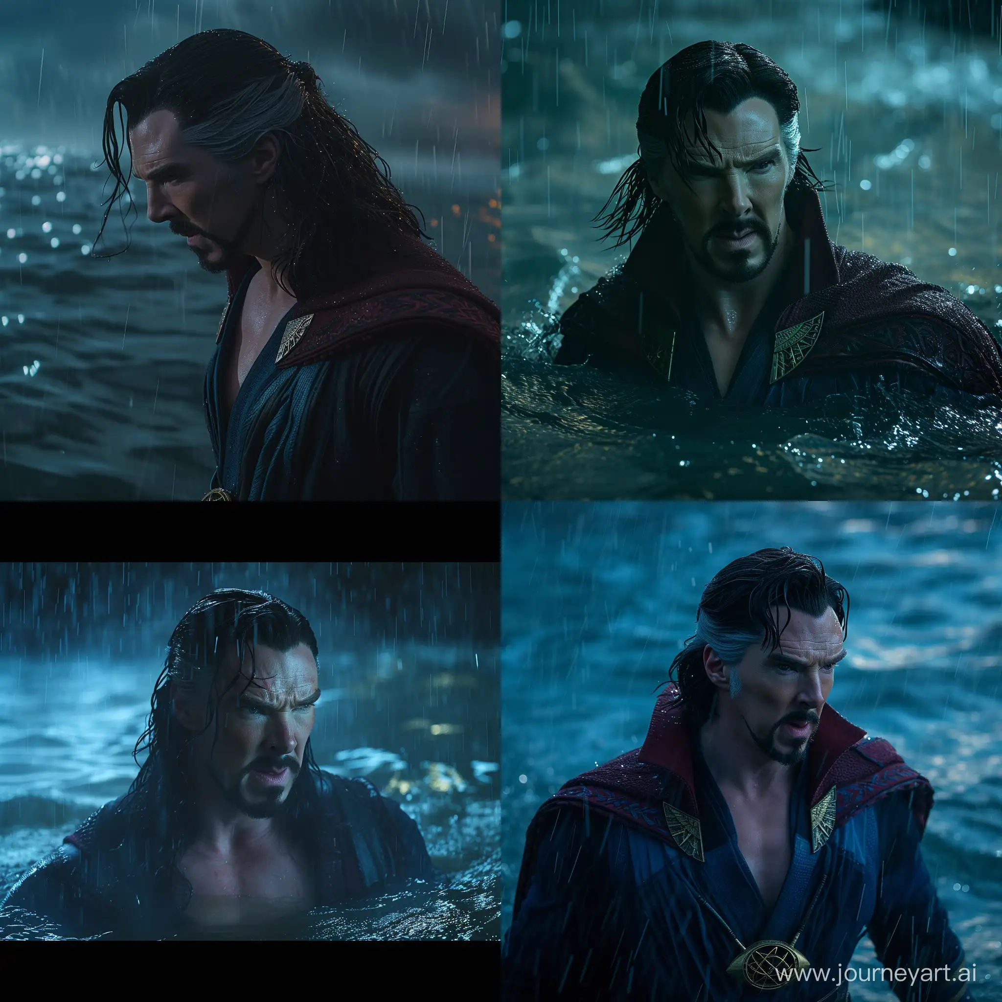 Shoulder level shot of Doctor Strange with long hair down shirtless in the sea during night, in the rain