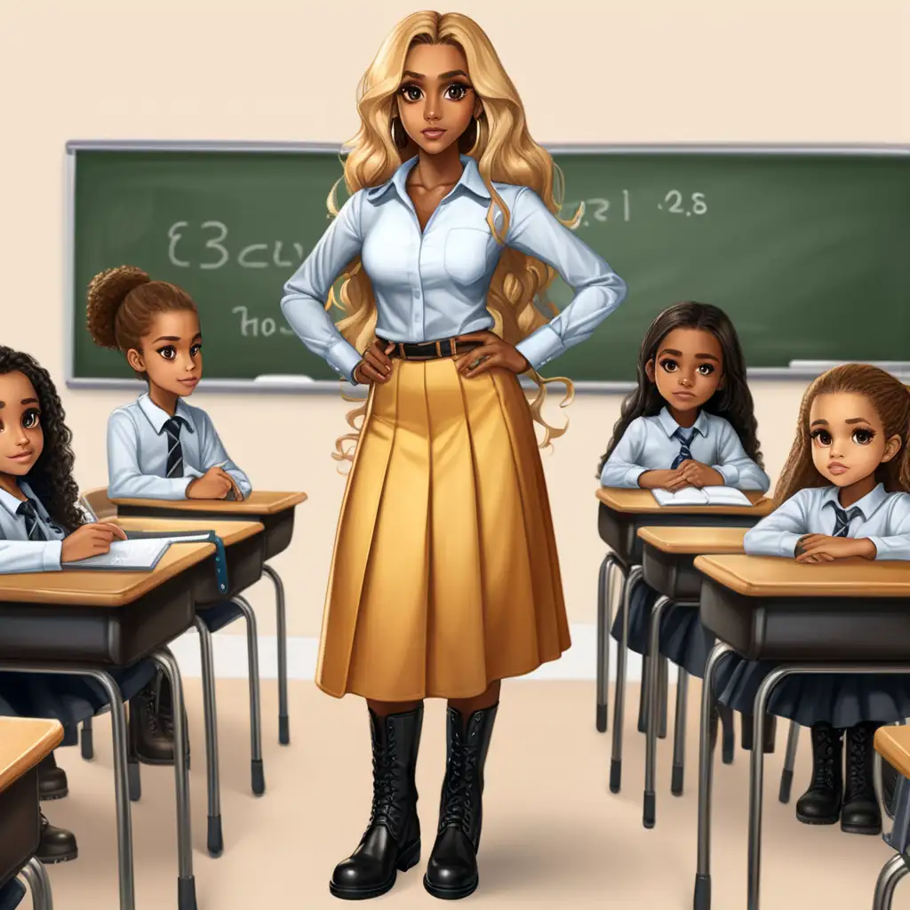 Brown skin black school teacher with big brown eyes long honey blonde hair wearing long skirt shirt and with black boots