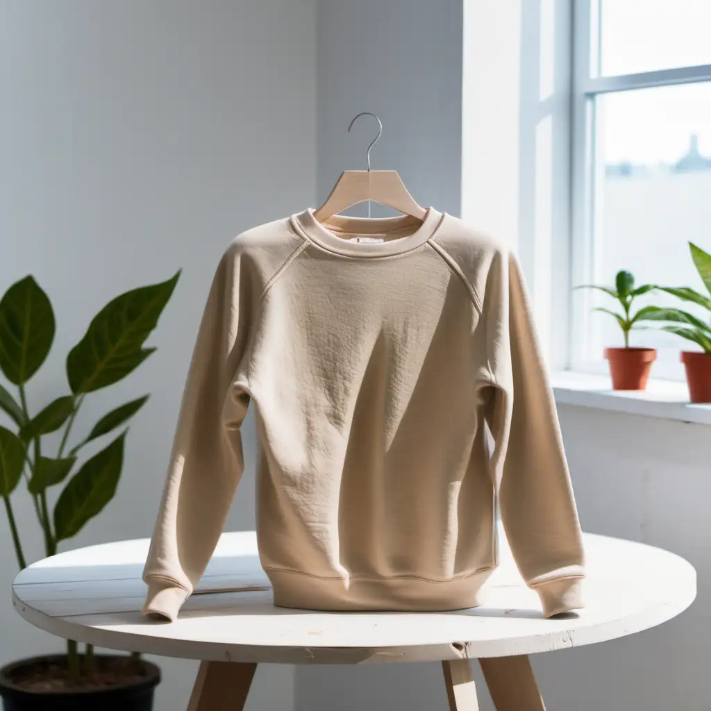 sand color sweatshirt sitting on a white wood table, near a window, near a plant, facing the camera