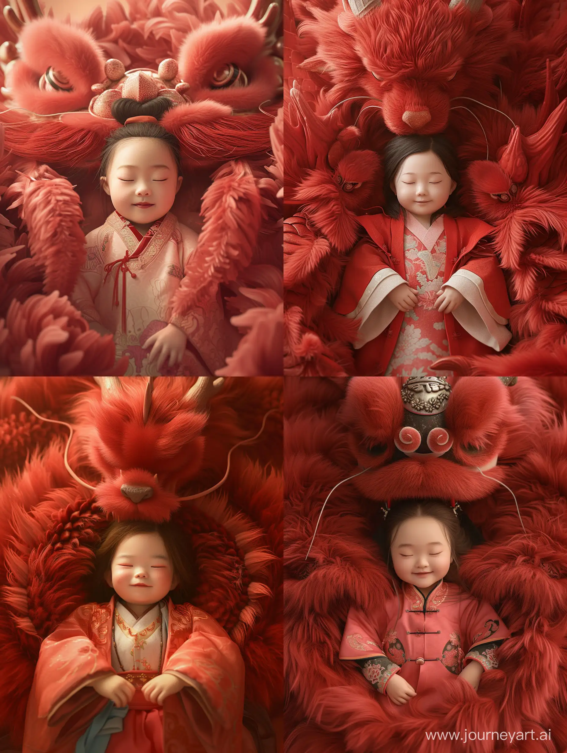 一个1岁的女孩，穿着传统的中国服装，一条梦幻般的红色巨龙环绕着保护着女孩，巨龙闭着眼睛，蓬松的皮毛，原色是红色。女孩姿势帅气，笑容可掬。该图像包括正面、半身拍摄。画面风格灵感来源于三国南北朝，OC渲染，C4D