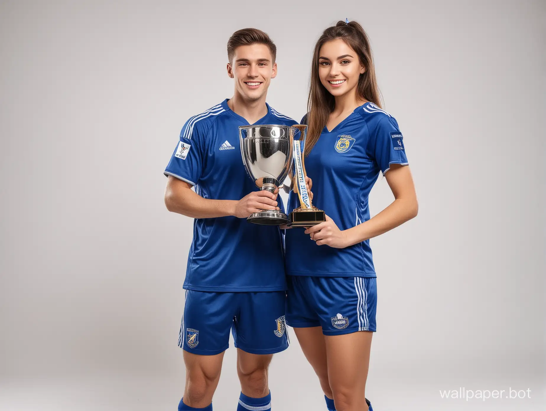 Soccer guy 23 years old in a fashionable blue uniform and girl 26 years old in a blue uniform holding a huge winners' cup white background