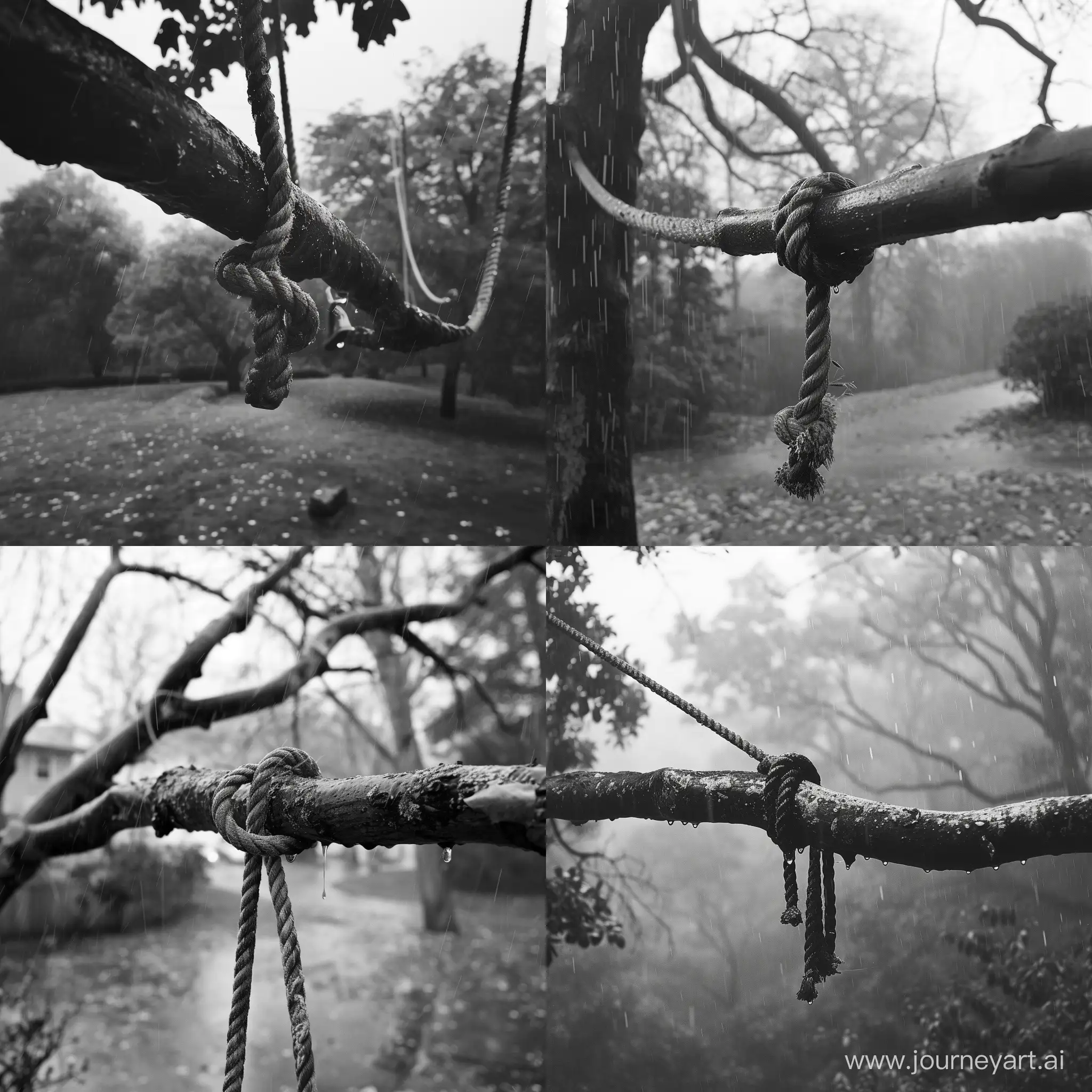 Rainy-Autumn-Scene-Desolate-Tree-with-Rope-in-Black-and-White