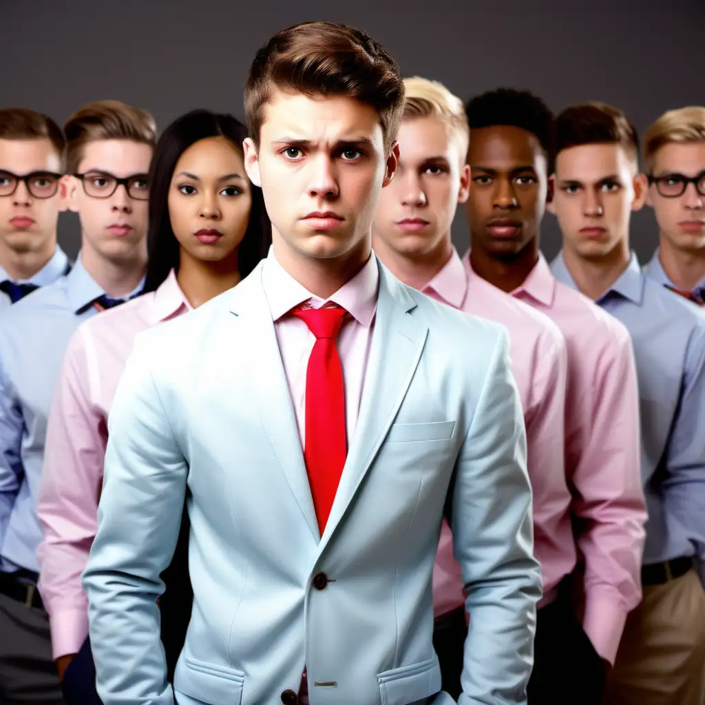 sad looking white preppy entrepreneur guy with multiracial team of 10





