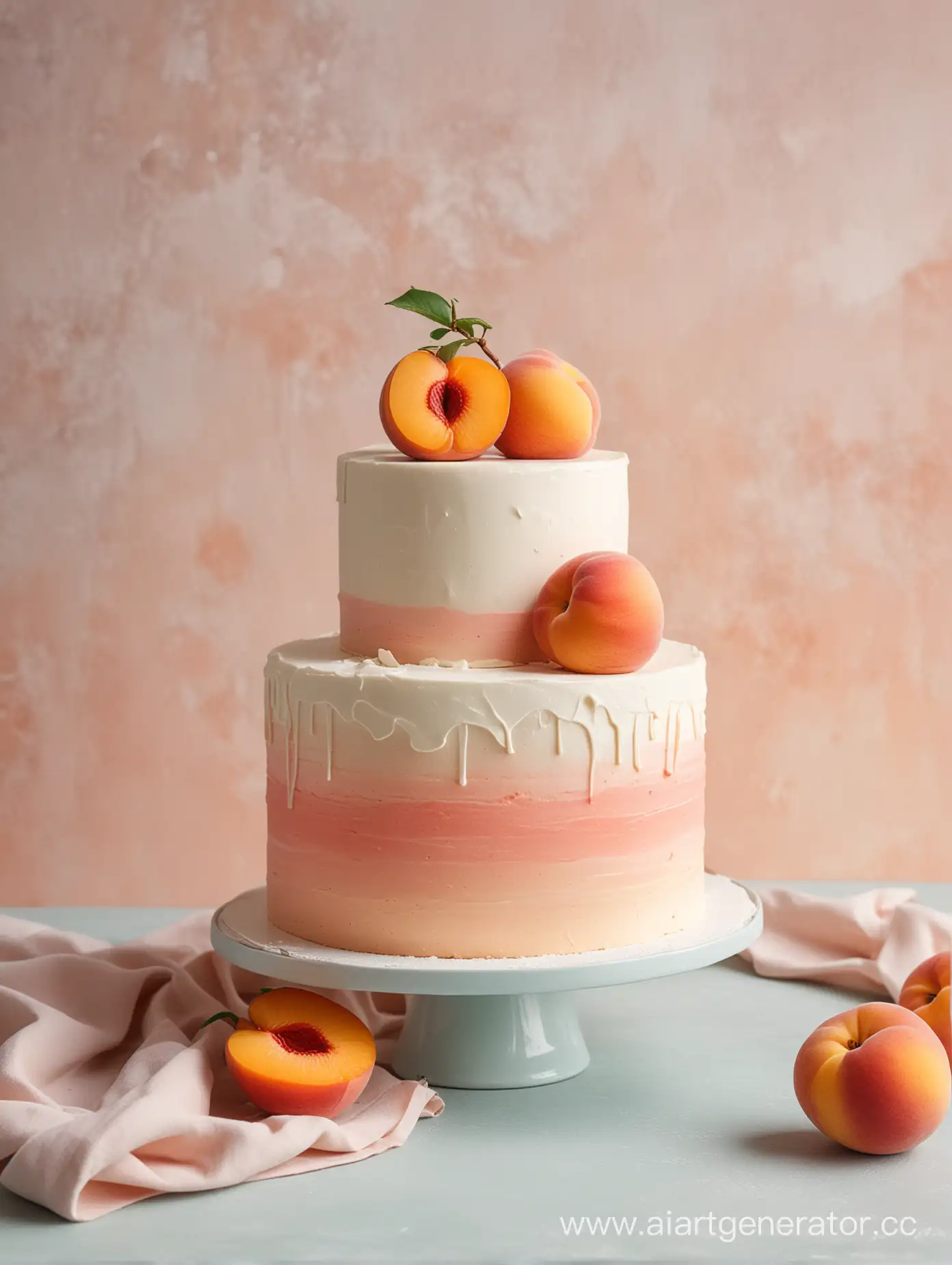 торт минимализм, на пастельном фоне с персиками