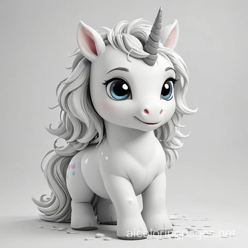 baby unicorn, Coloring Page, black and white, line art, white background, Simplicity, Ample White Space. The background of the coloring page is plain white to make it easy for young children to color within the lines. The outlines of all the subjects are easy to distinguish, making it simple for kids to color without too much difficulty