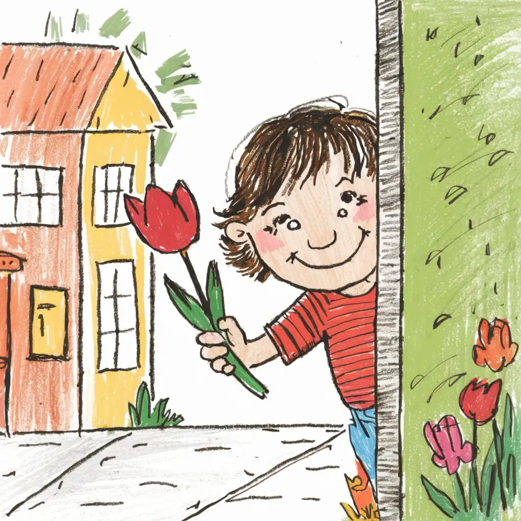 Cheerful Child with Carnation Peeking from Corner