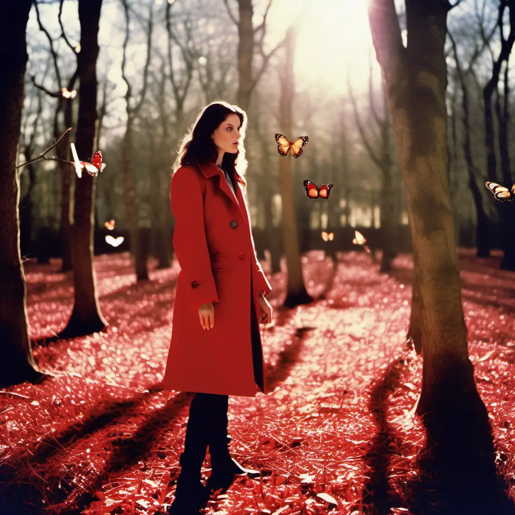 Brunette Model in Enchanting Forest Scene with Colorful Butterflies