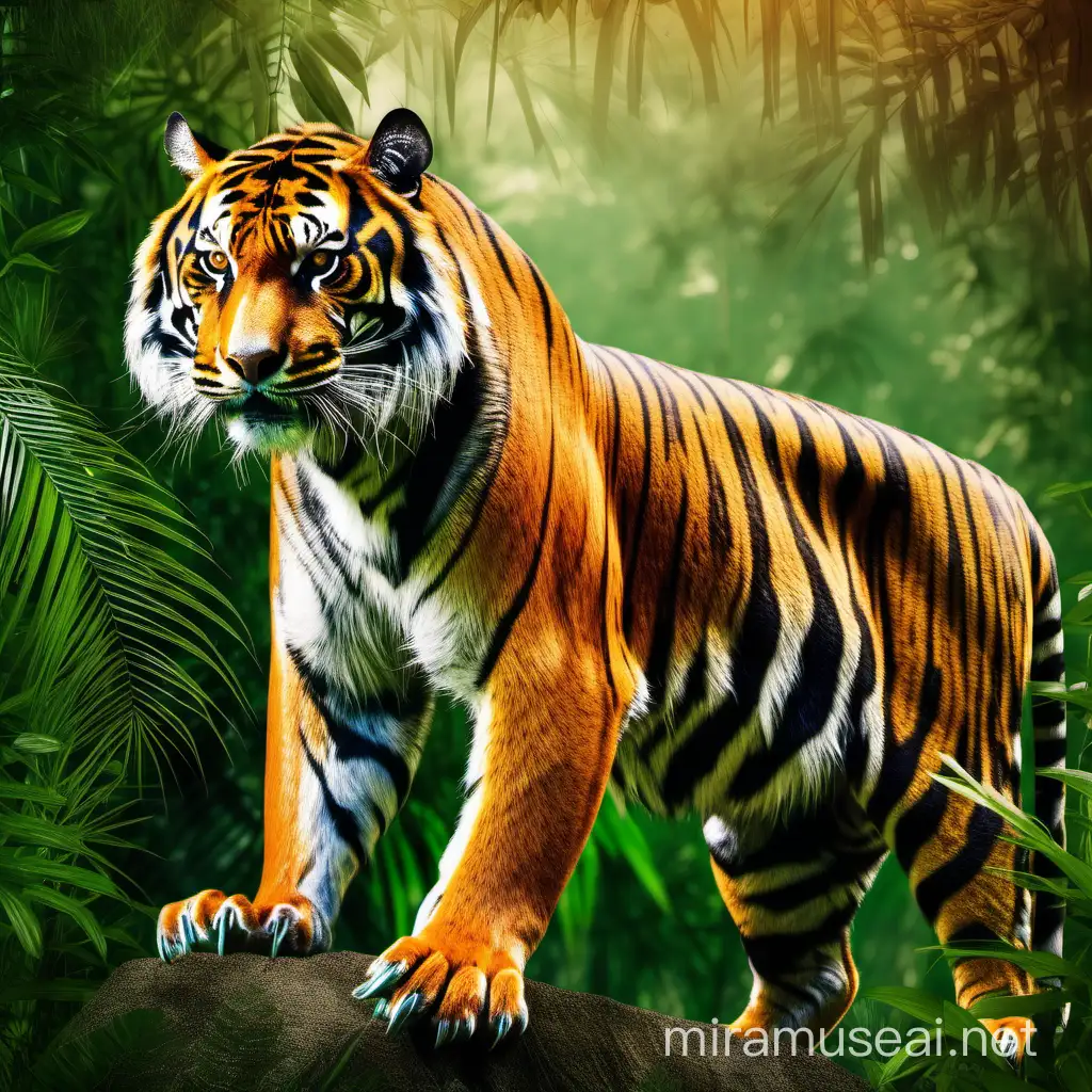 A (((vividly colored Sumatran tiger))) with sleek, powerful movements, commandingly posed in a (serene jungle setting) with transparent background