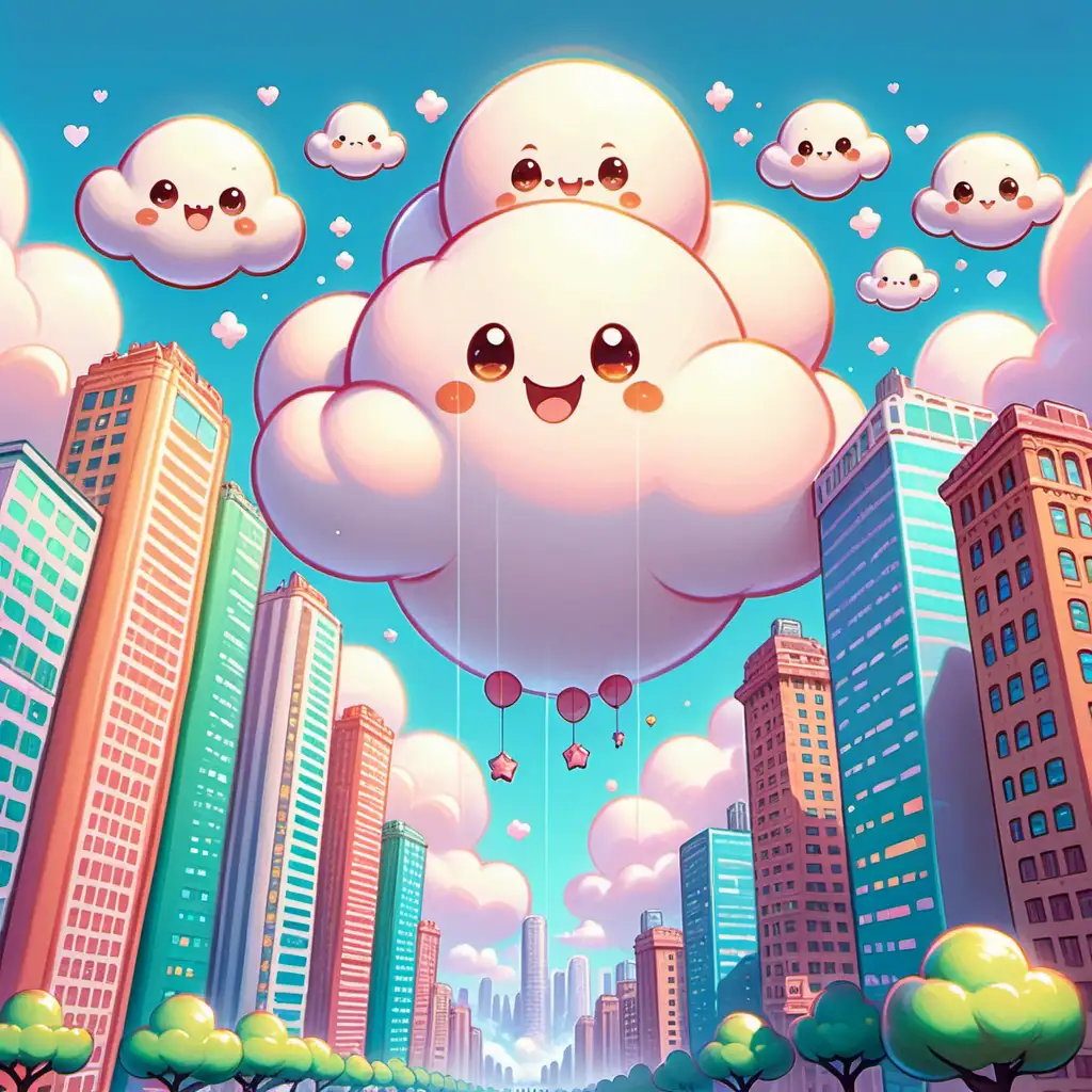 kawaii style, illustration,
Illustration: ein paar flauschige, lächelnde Wolken besuchen eine riesige Stadt aus flauschigen Wolkenkratzern, die hoch in den Himmel ragen.
