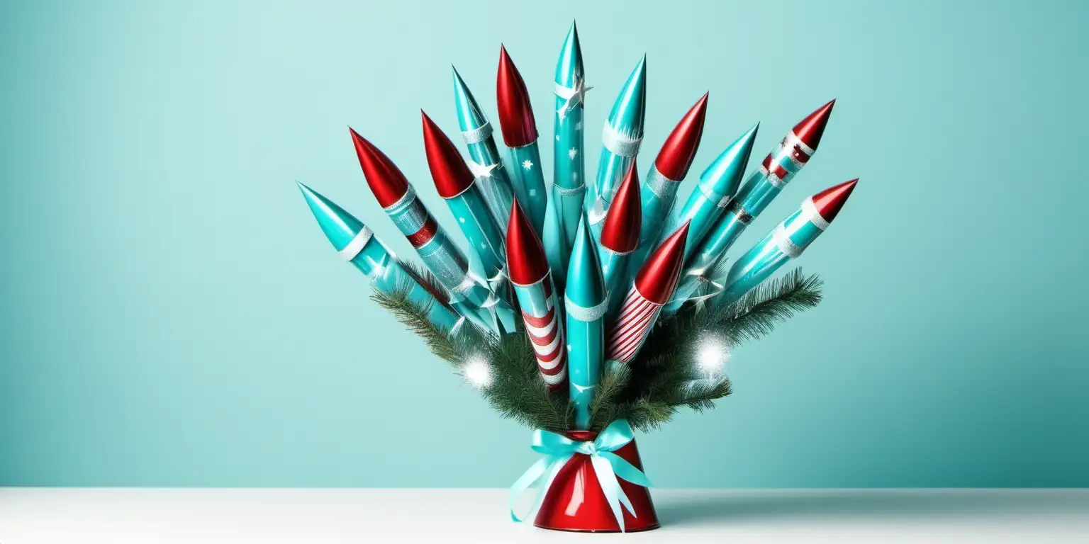 Vibrant Turquoise New Year Rockets Bouquet on Clean White Background