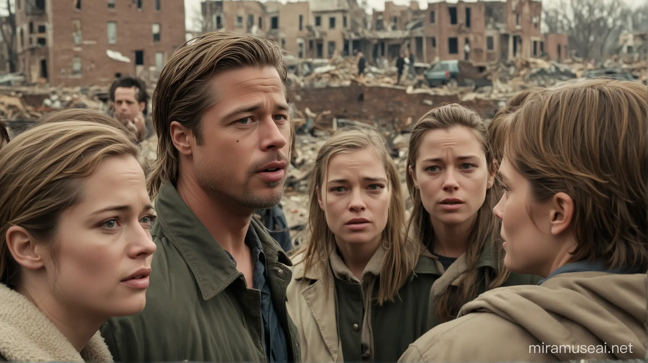Brad Pitt confronts a group of survivors huddled in the ruins of a suburban neighborhood, desperation evident in their eyes.