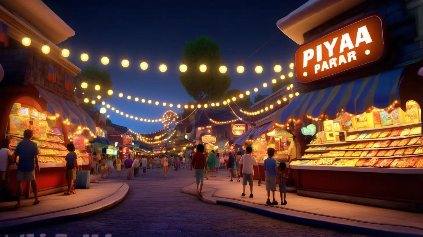 Amusement part at night with shops  pixar Maya  style