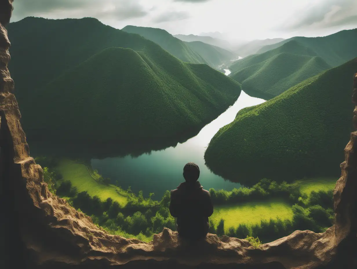 A person overlooking a beautiful landscape of nature 