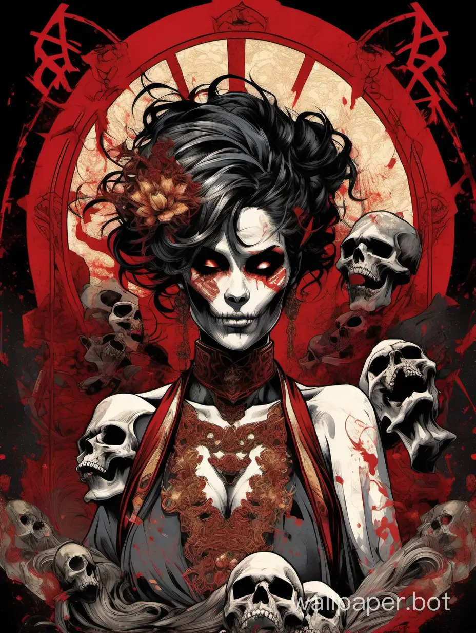 skull priest face,  odalisque, sexy smiling, chaos ornamental, short hair, darkness, explosive hairstyle, assymetrical, japanese modern poster, torn poster edge, alphonse mucha hiperdetailed, highcontrast, black, white, red, gray, dramatic tones, explosive dripping colors,
