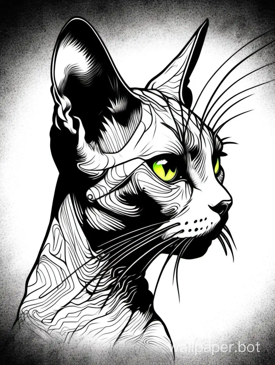 Devon Rex cat, hiperdetailed profile, explosive drawing lineart, darkness style, explosive black ink, Eliran katton style, caotic neon lines, monochromatic, white background