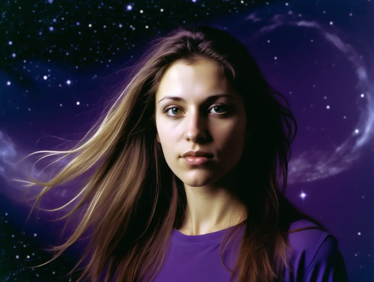 Create a face of a european woman-next-door, long haired in her 35´s, with a space background. Colour scheme should be purple. Make her show more of her left chin. Clothing should be modern, everyday looking. Put her to the very right in the picture and integrate the contours of her hair into the background. Cinematic contrast. Kodak Gold 400.